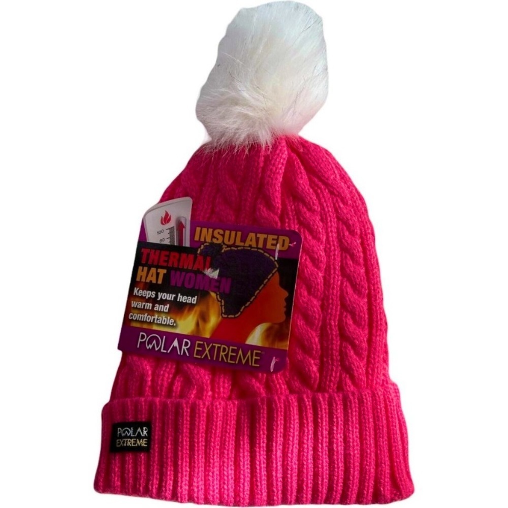 Polar Extreme Pink Cable Knit White Puff Logo Thermal Insulated Hat